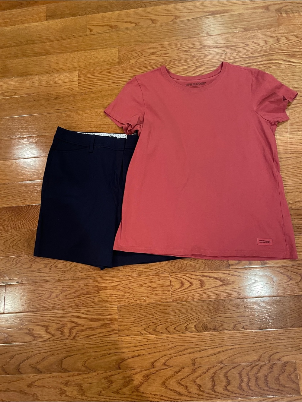 Life Is Good Rose Pink Short Sleeve Crewneck Tee and NAVY SHORTS